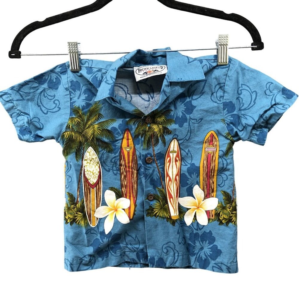 Pacific Legend Boys‎ 2T Hawaiian Shirt Blue Palm Surf Tropical Cotton Vacation